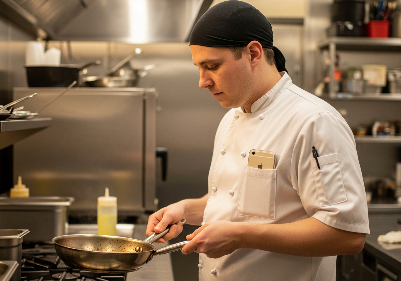 Chef cooking with a frying pan and a smartphone tucked in his chest pocket