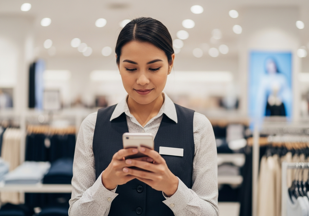 Retail sales associate on the sales floor looking at a smartphone