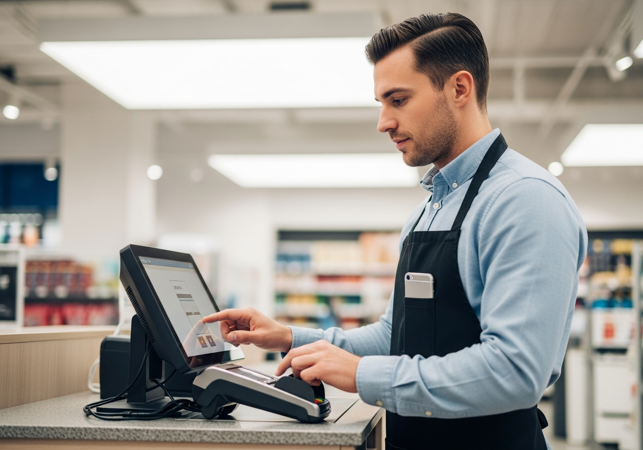 Retail cashier at a checkout register with a smartphone nearby on the counter