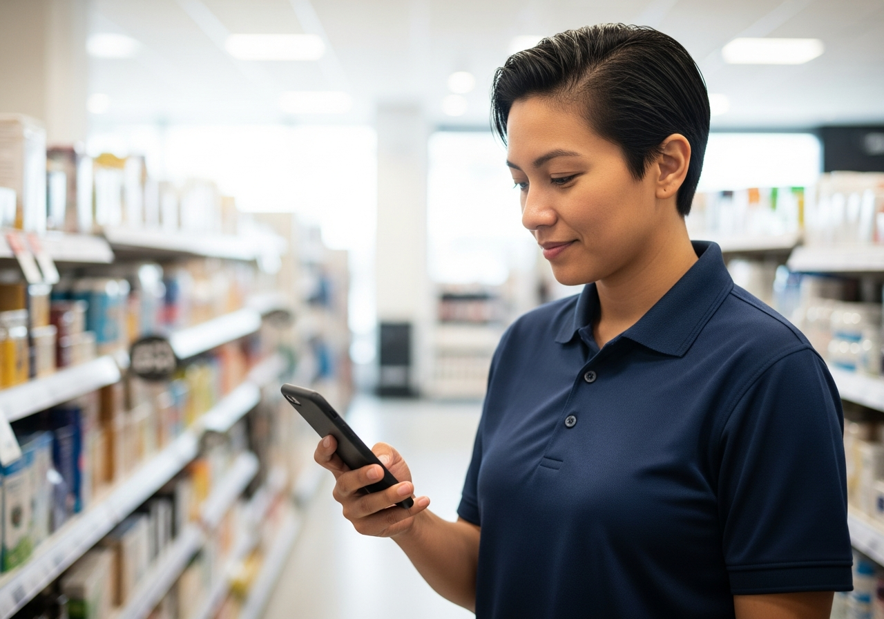 Retail store team member looking at a smartphone in a store aisle