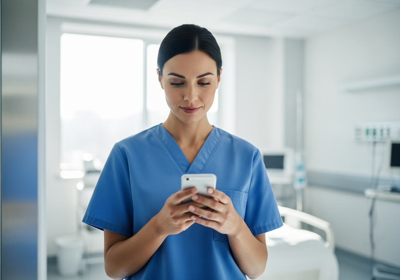 Nurse in scrubs holding a smartphone in a hospital ward
