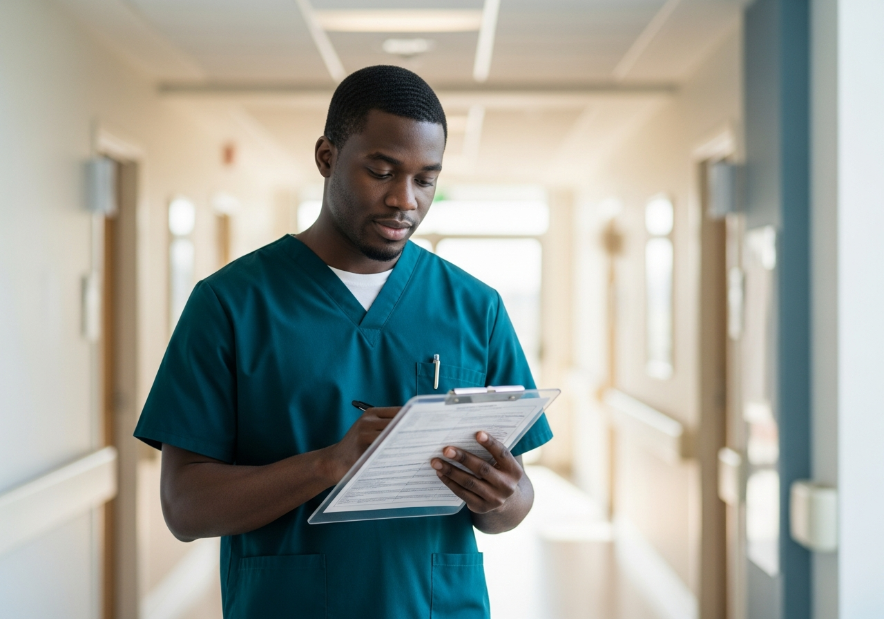 Male nurse in scrubs reviewing a patient chart on a clipboard in a hospital corridor