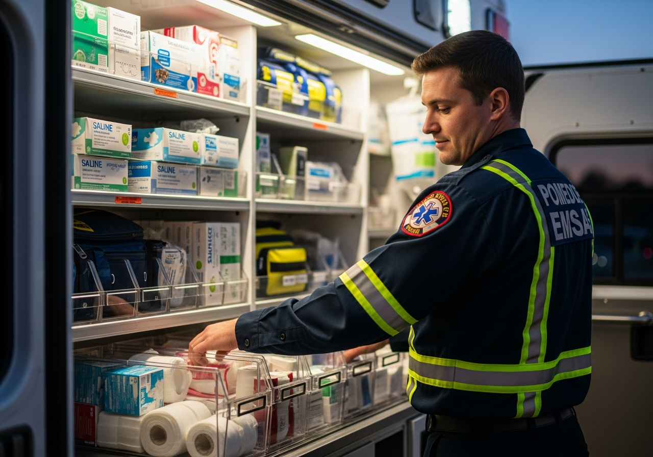 Paramedic in EMS uniform restocking medical supplies in an ambulance