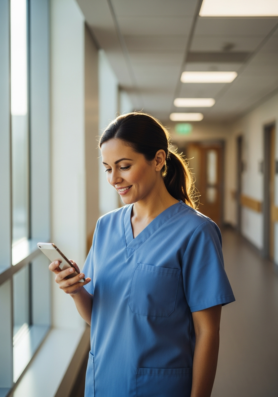 Nurse in scrubs looking at a smartphone in a hospital corridor