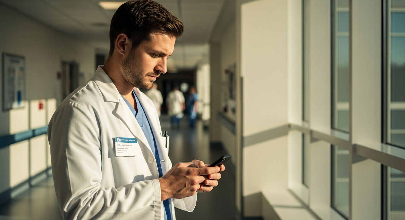 Physician in a white coat looking at a smartphone in a hospital corridor
