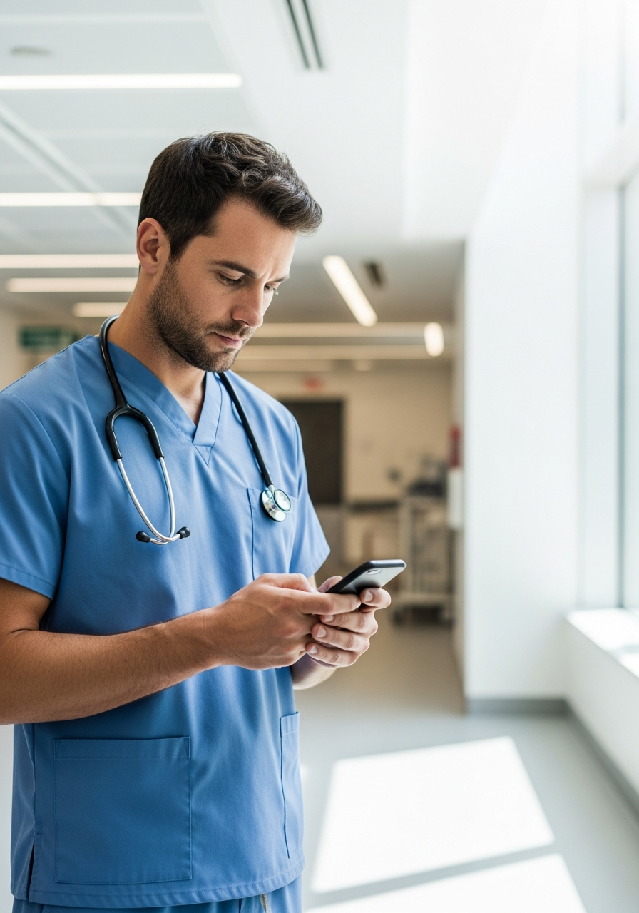 Medical technician with a stethoscope checking a smartphone