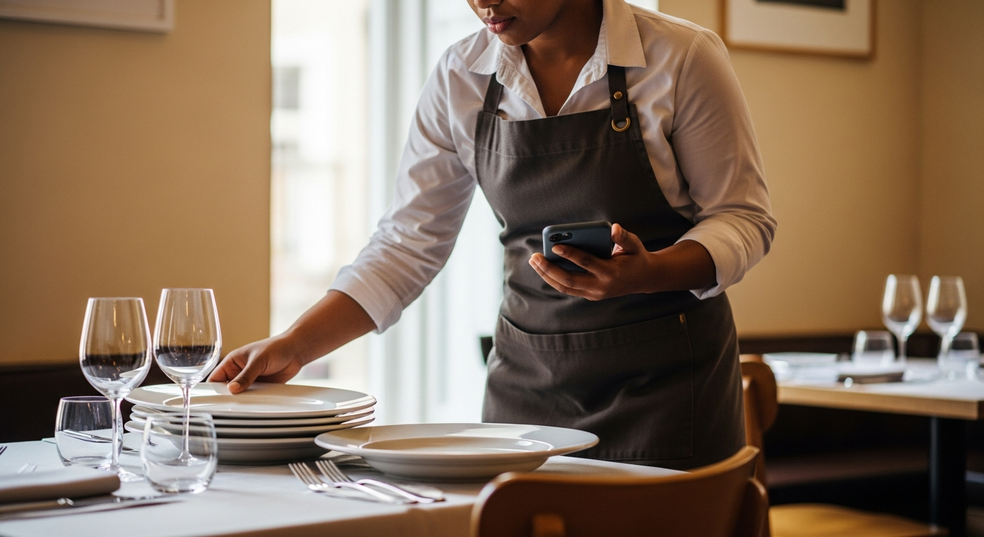 Restaurant server setting a table with a smartphone in hand