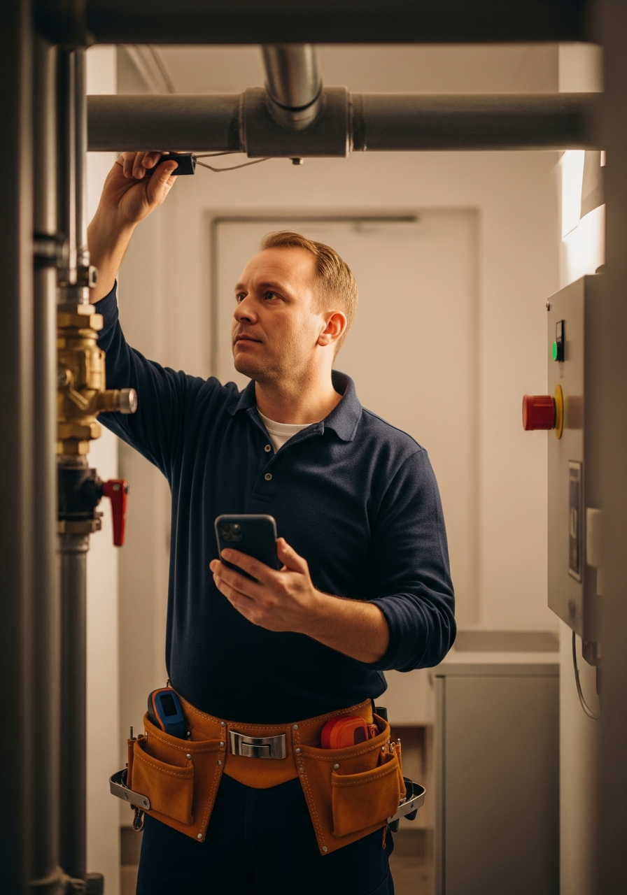 Maintenance technician checking equipment with a smartphone in hand