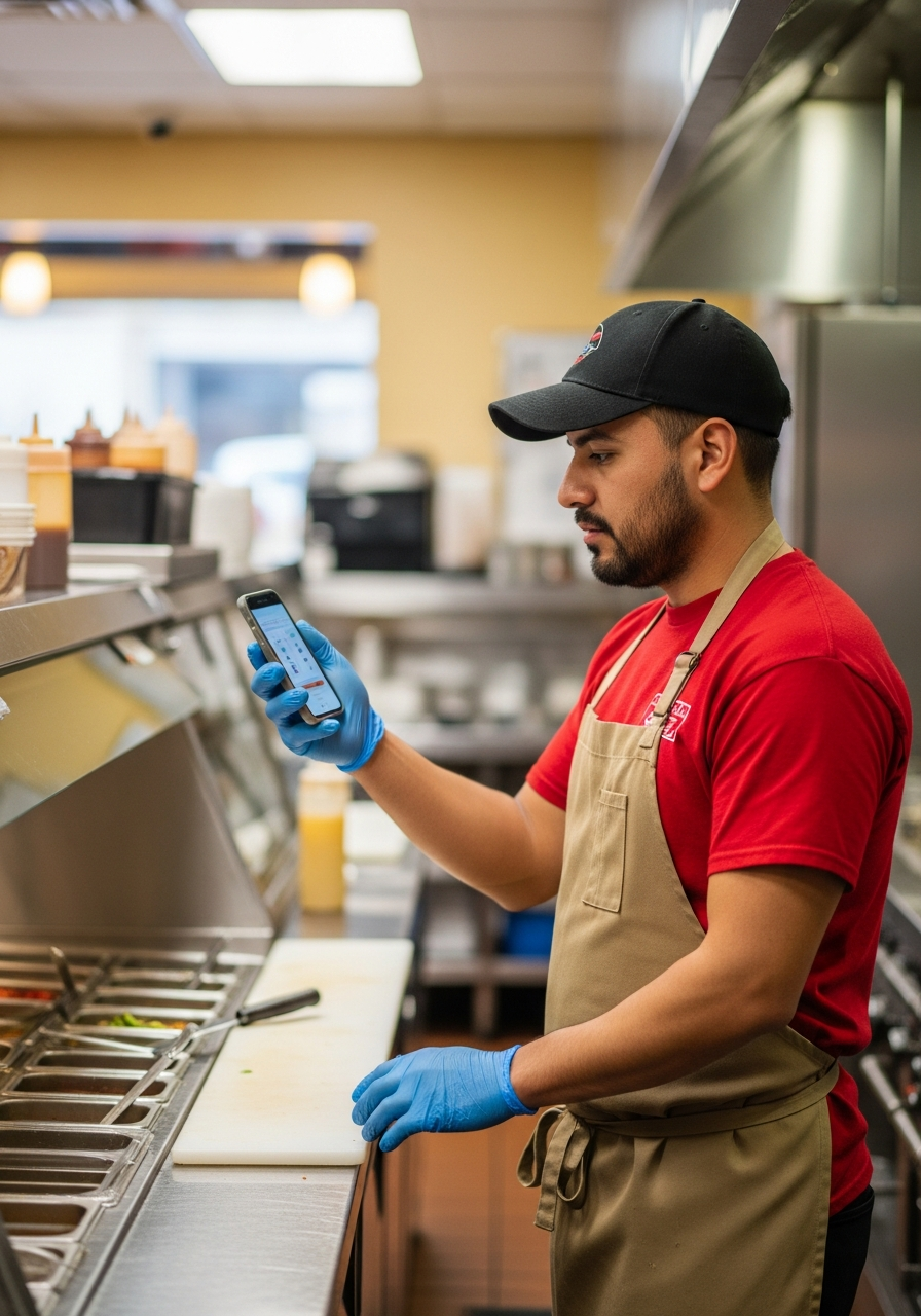 Deli kitchen worker looking at a smartphone screen at the service line