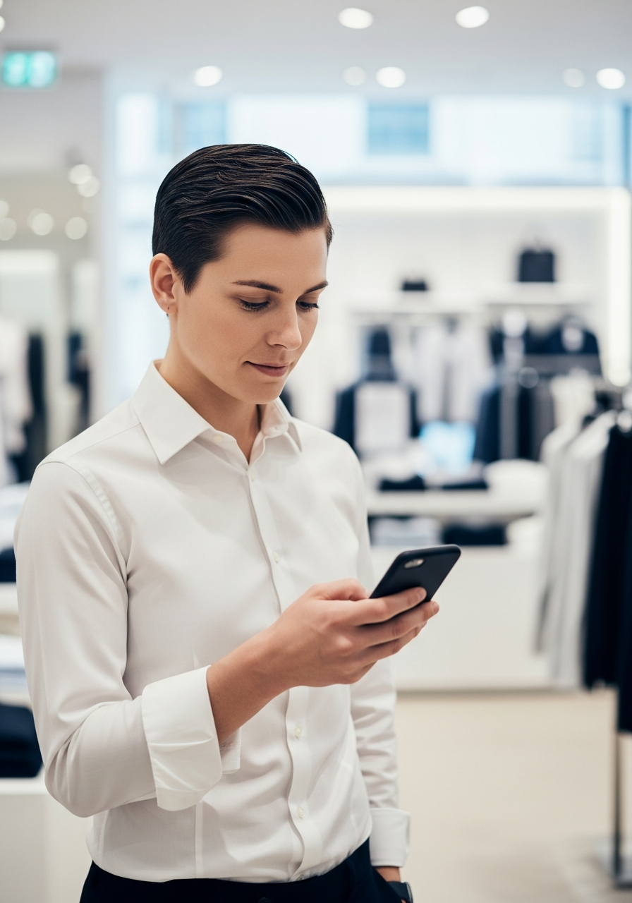 Retail store associate on the sales floor looking at a smartphone
