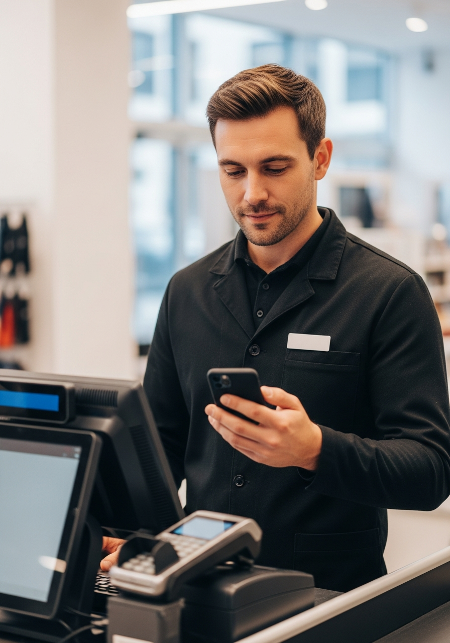 Retail cashier at the checkout counter with a smartphone in hand