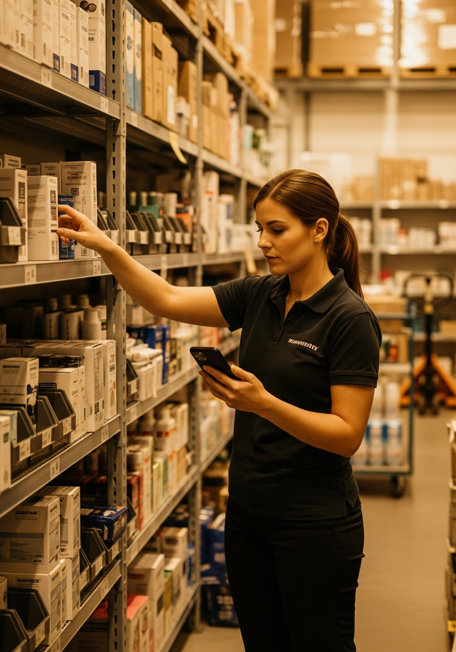 Retail stockroom associate organizing merchandise while checking a smartphone