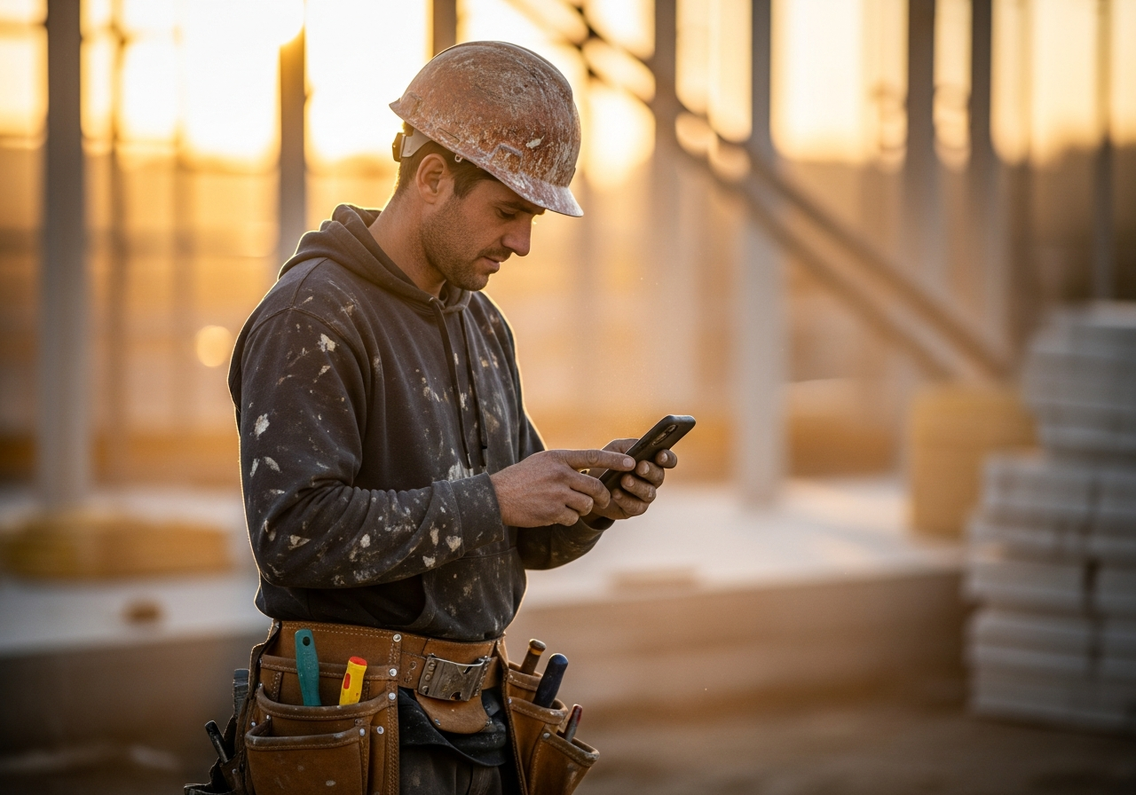Construction tradesman looking at a smartphone in hand on a job site