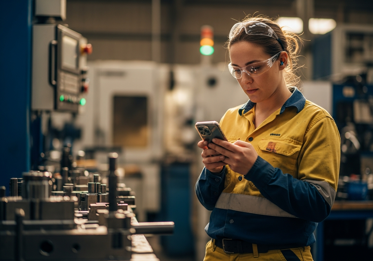 Machinist reading her phone on the manufacturing floor