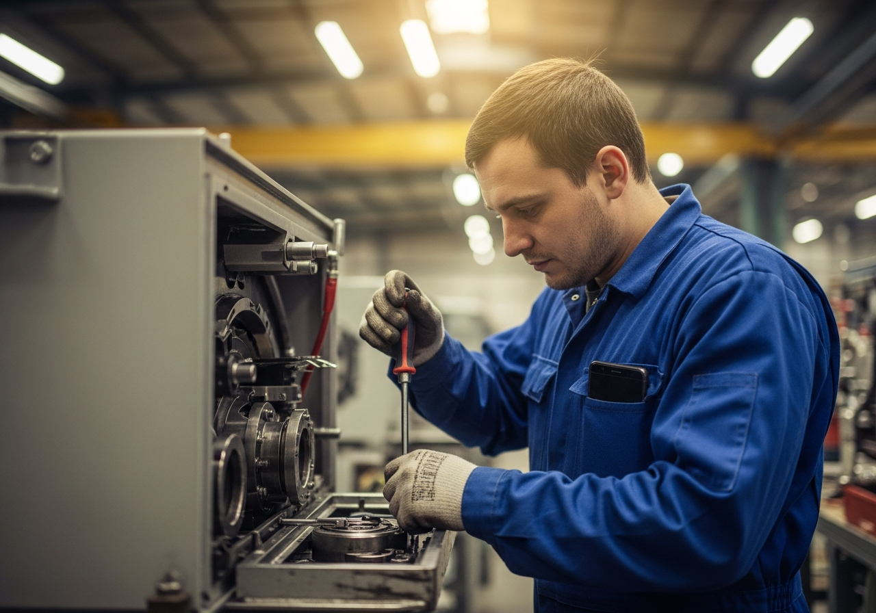 Maintenance technician servicing equipment with a smartphone tucked in his chest pocket
