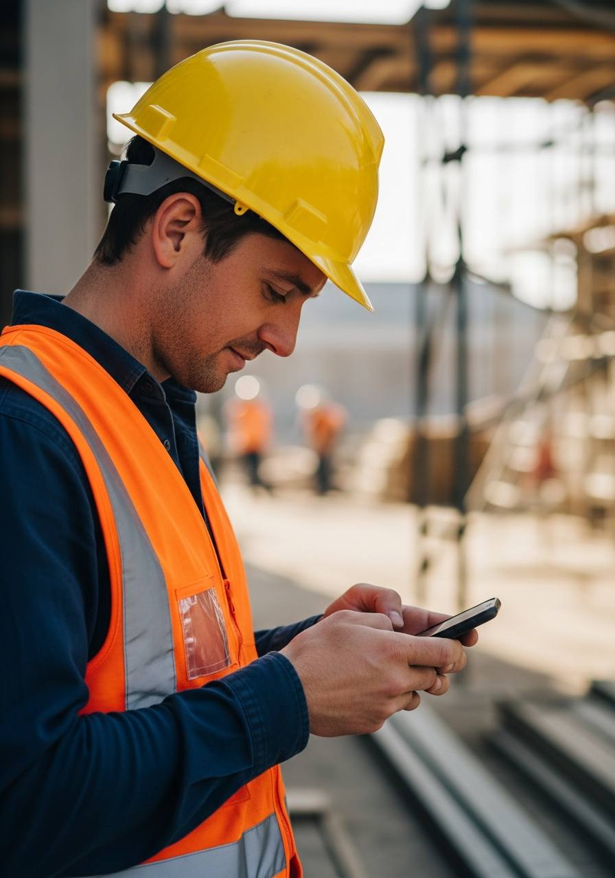 Construction worker in a hard hat and vest looking at a smartphone on a job site
