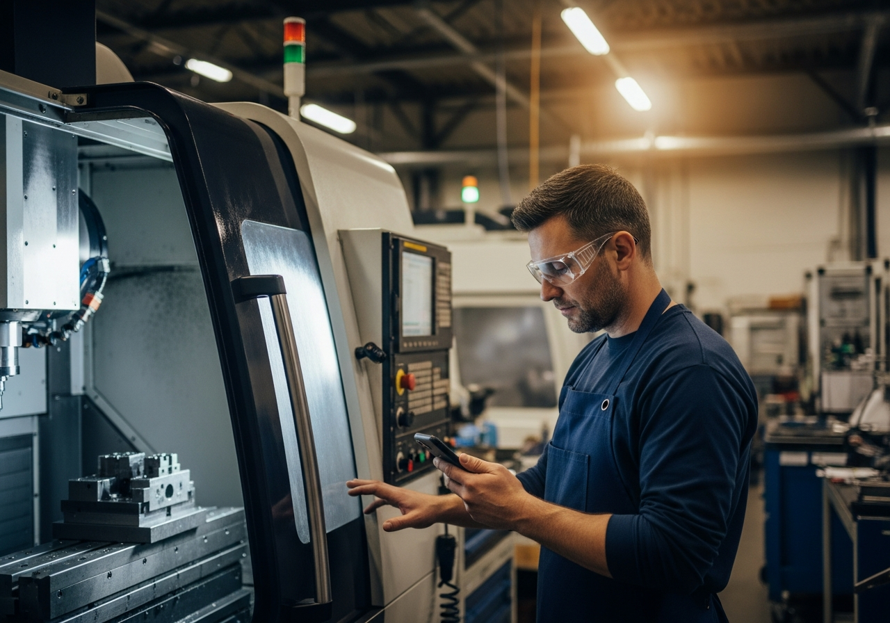 Machinist beside CNC machinery looking at a smartphone in hand