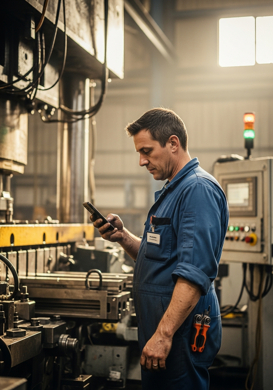 Maintenance technician checking equipment with a smartphone in hand