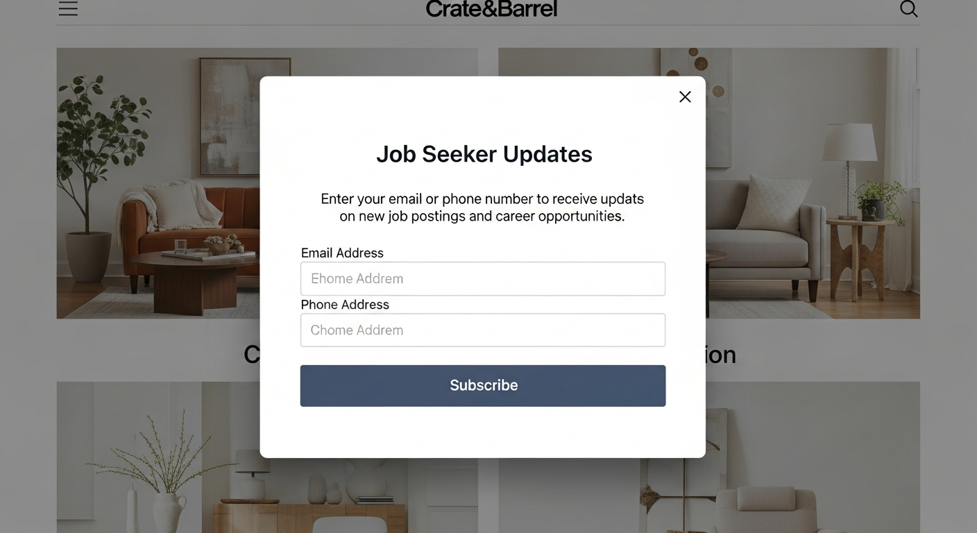Screenshot of Crate and Barrel's homepage showing their website engagement pop-up form for capturing visitor contact information