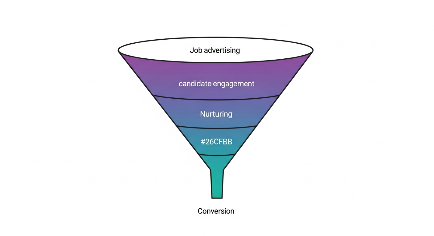 Funnel diagram showing job advertising at the top of the recruitment marketing funnel, with candidate engagement and nurturing supporting conversion below
