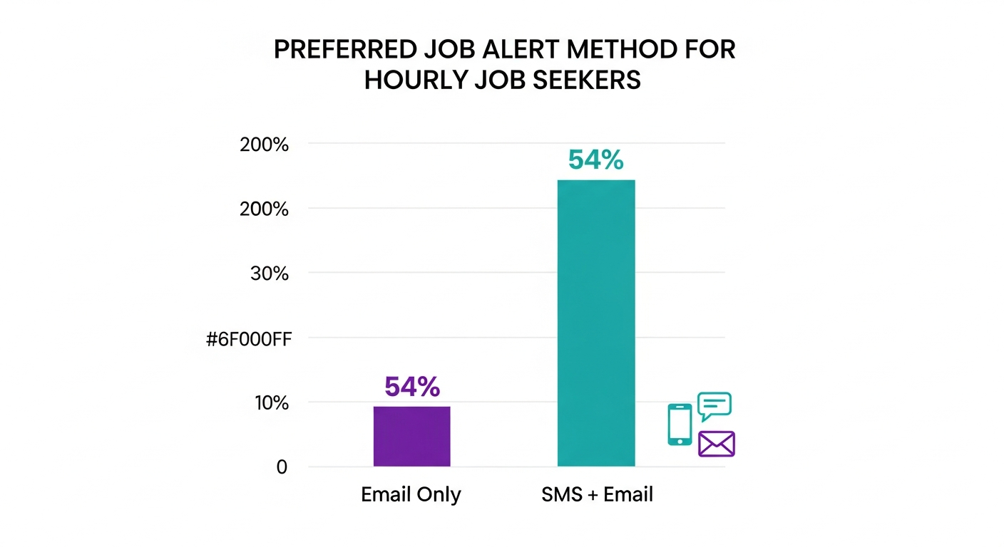 Survey chart showing 54.3% of hourly job seekers prefer to receive SMS job alerts in addition to email